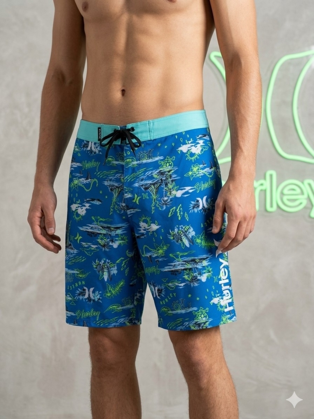 Hurley Blue Boardshorts w/Neon Green Accents Men's Size 26 Or Boy's Size 12